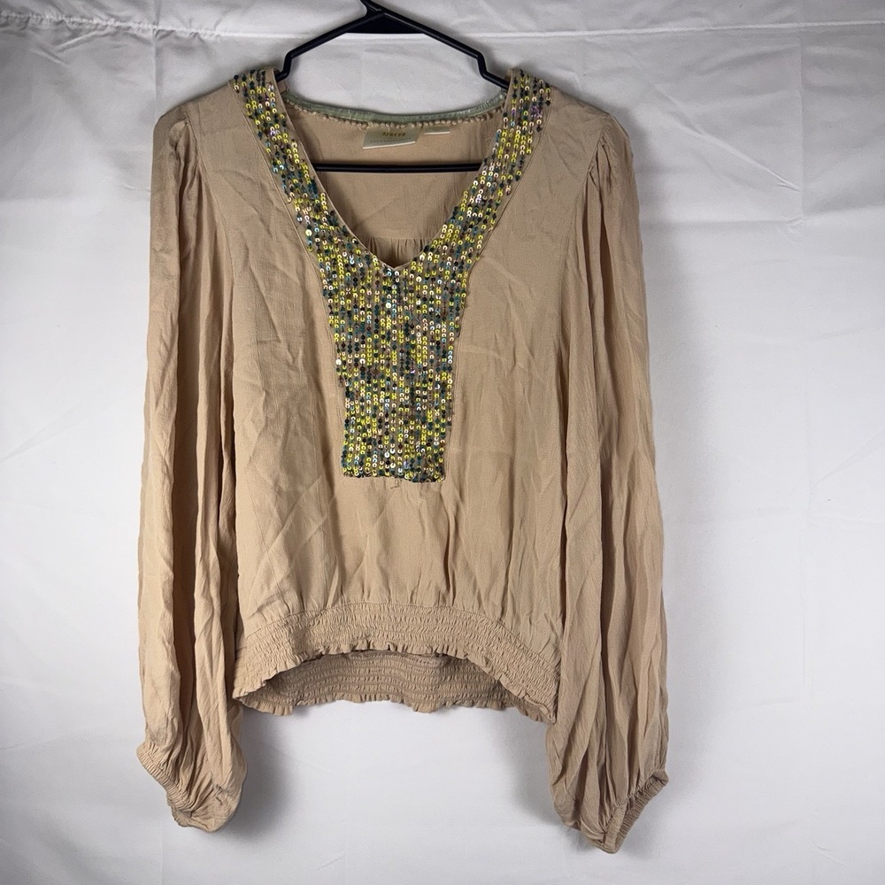 Maeve Anthropologie Blouse Womens Sz XS Kristie Sequined Peach Peasant V-Neck